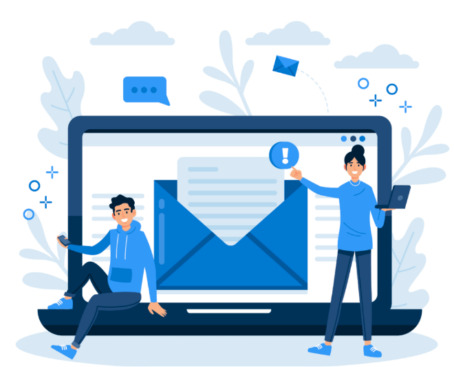 Illustration of a laptop with an envelope on screen and two people working on it